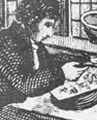 woodcut of man at table