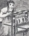 woodcut of worker at printing press